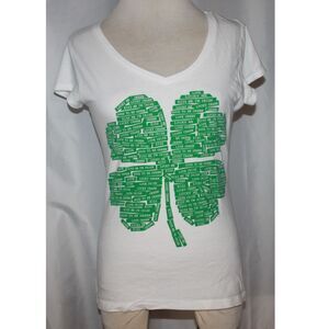 Jr's Stranded White & Green Four Leaf Clover Lucky Charm Short Sleeve Tee Size L